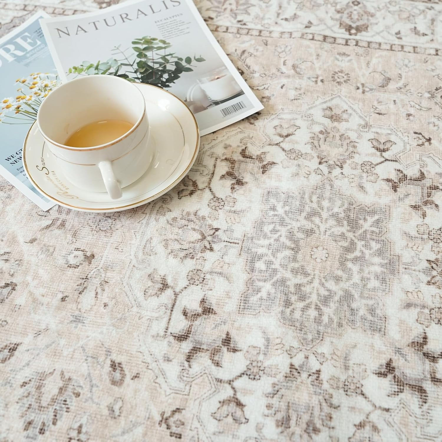 YOUFORTONG Washable 3x7 Hallway Runner Rug, Oriental Farmhouse Soft Indoor Carpet, Thin Non-Slip Stain Resistant Floor Mat for Kitchen Entryway Living Room Bedroom Bathroom Laundry,Beige