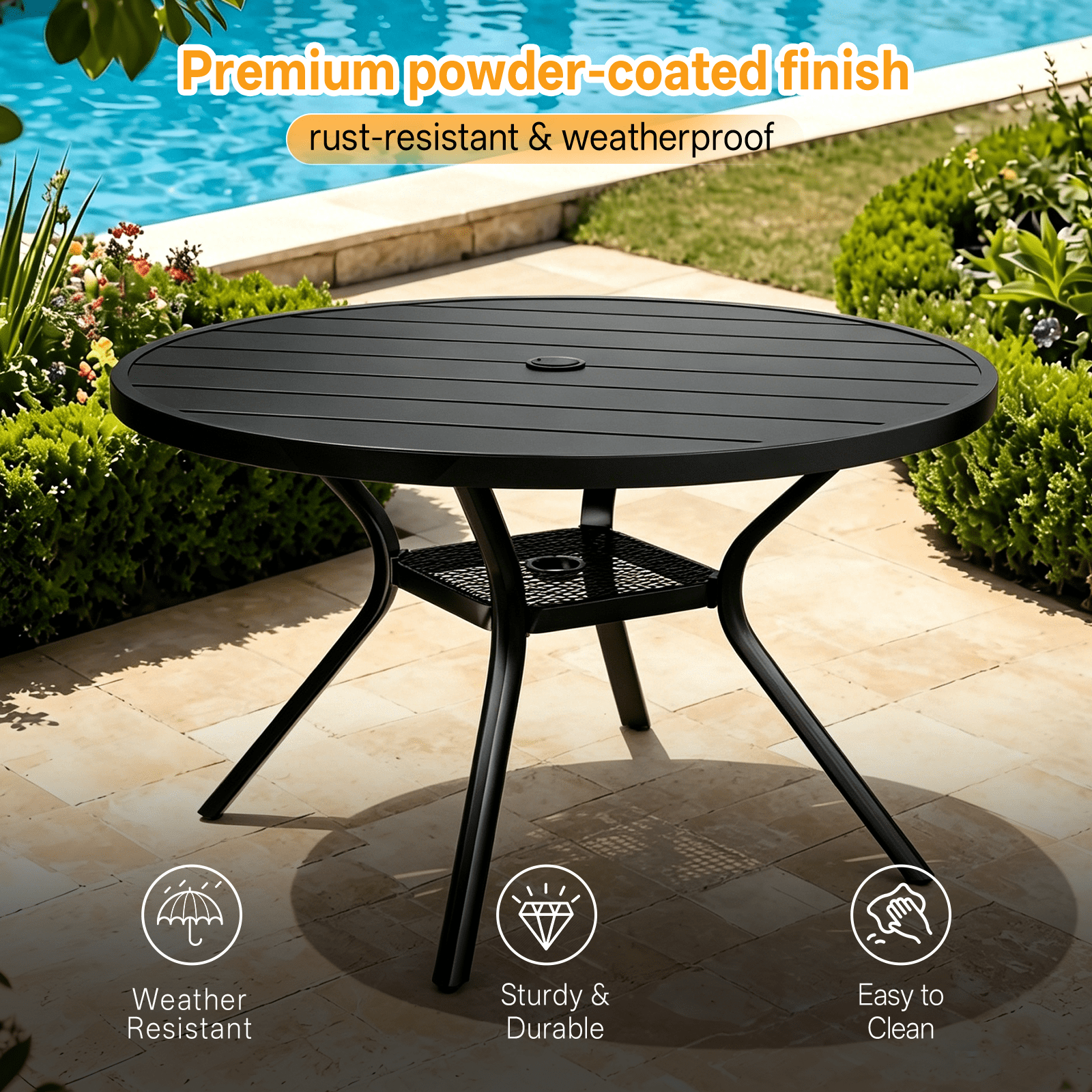 MEOOEM 41-Inch Round Outdoor Patio Dining Table with Umbrella Hole & Mesh Storage Shelf, Sturdy Stable Black Metal 4-Person Outdoor Coffee Table for Garden, Backyard & Deck