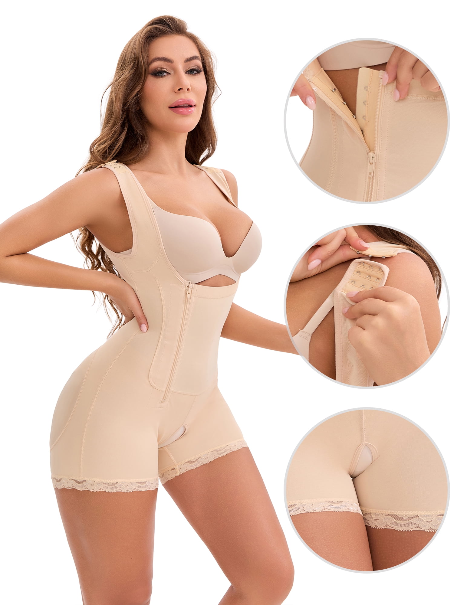 DARING DIVA Shapewear Open Bust Waist Slimmer Mid Thigh Butt Lifting Bodysuit L Beige
