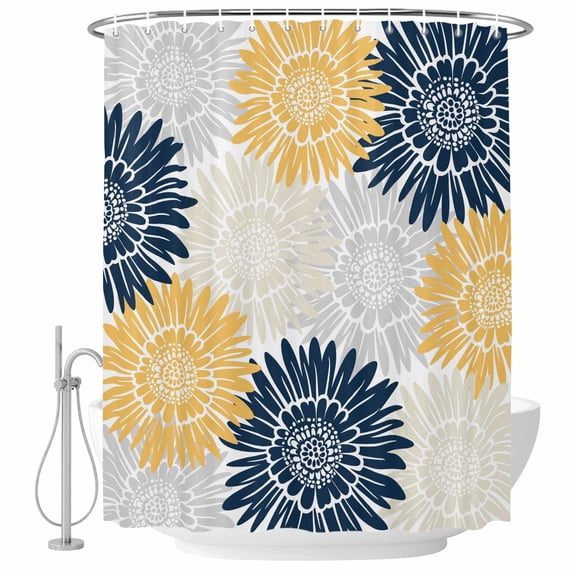 Navy Blue Gray Yellow Sunflowers Bathroom Shower Curtains with Hooks, Abstract Blooming Floral Waterproof Fabric Washable Shower Curtain for Home Hotel Bathtub Decor 36x72 Inch