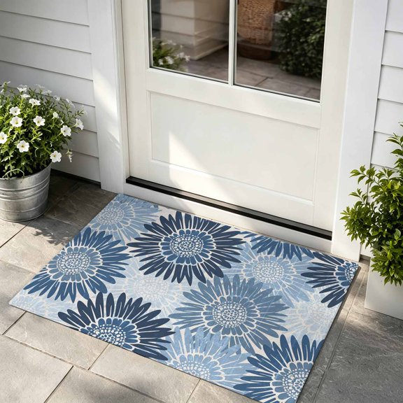Door Mat 16x24in Summer Floral Sunflowers Absorbent Non-Slip Washable Doormat Rustic Coastal Navy Blue Dirt Trapping Low Profile Entryway Rug, Indoor Outdoor Welcome Mat for Home Entrance