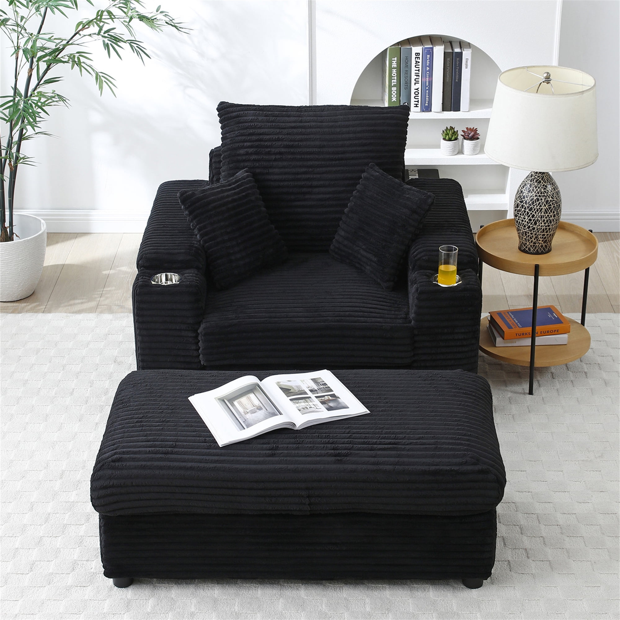 Aukfa 43 inch Corduroy Chaise w/ 2 Cupholders&Storage Ottoman, Plush Chair Bed, 3 Pillows, Black