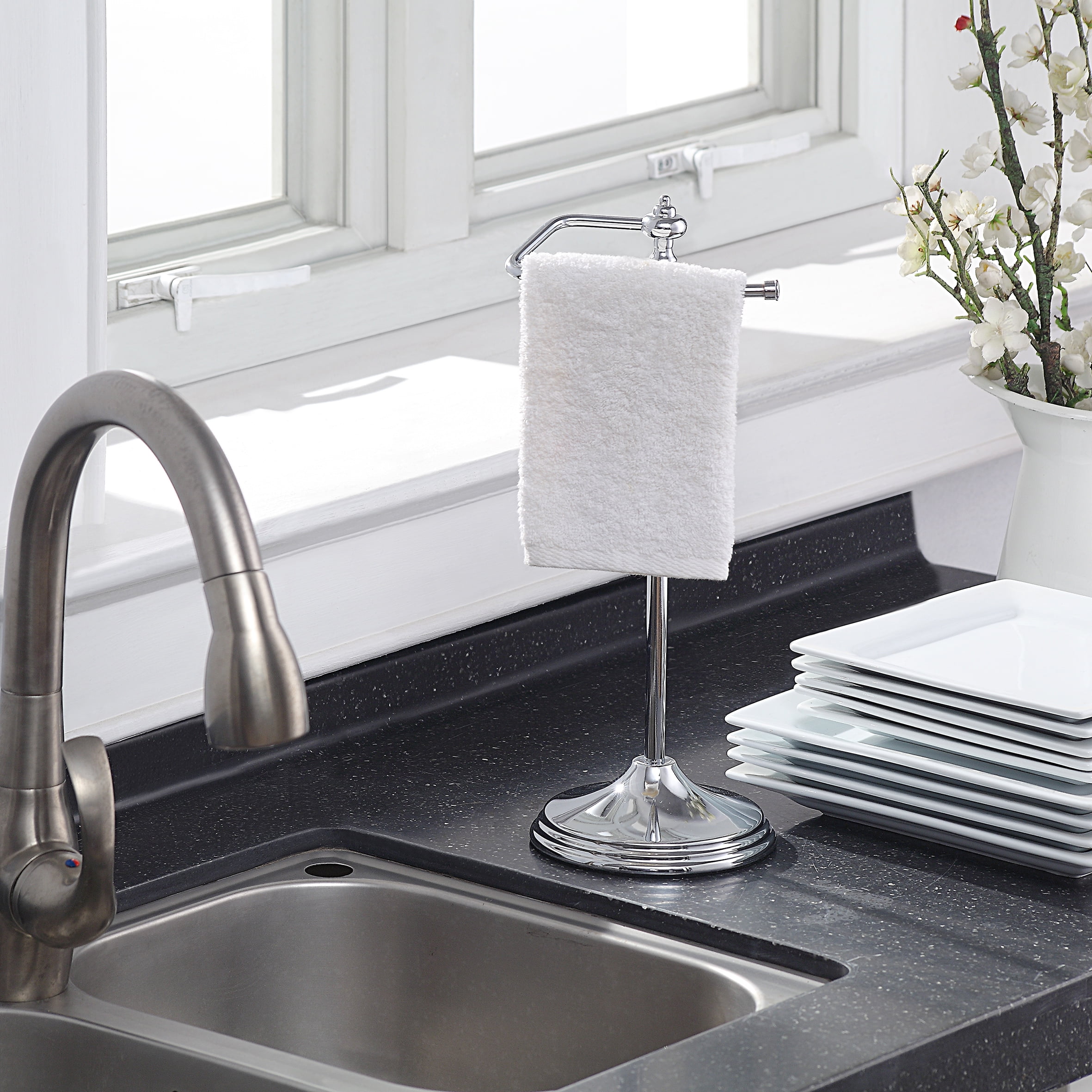 ISoapStone Freestanding Hand Towel Holder Stand - Matte Black, Heavy Weighted Base, T-Shape, 14" Height
