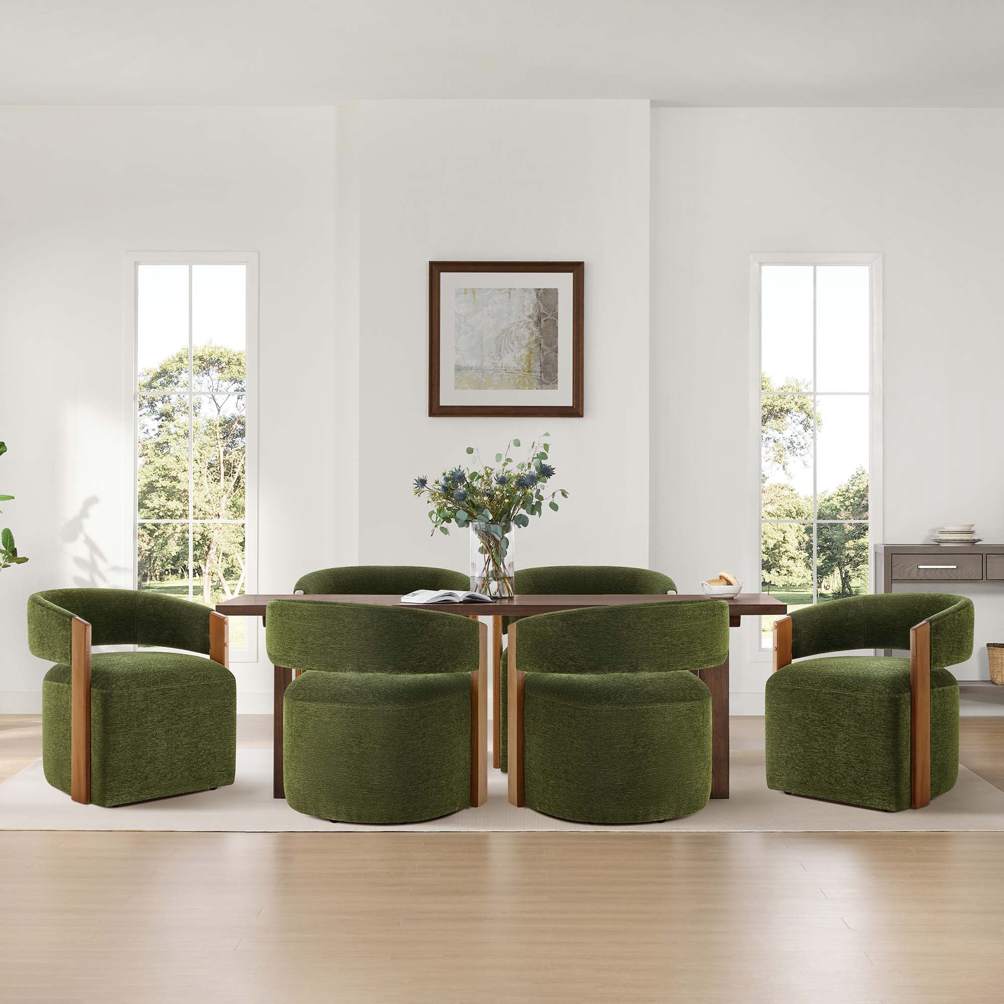 Spruce & Spring Upholstered Dining Chair with Wooden Armrests and Rolling Casters Single, Green