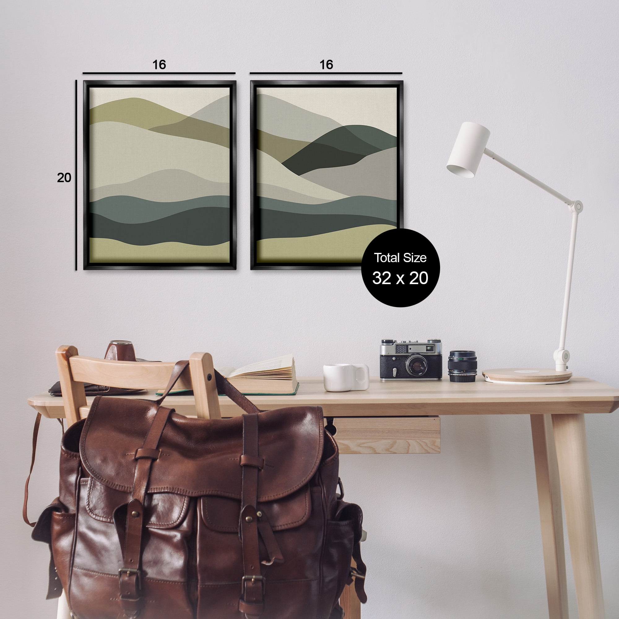 Stupell Industries Modern Green Mountains Landscape Painting Black Floater Framed Canvas Art Print Wall Art, 17 x 21, Set of 2