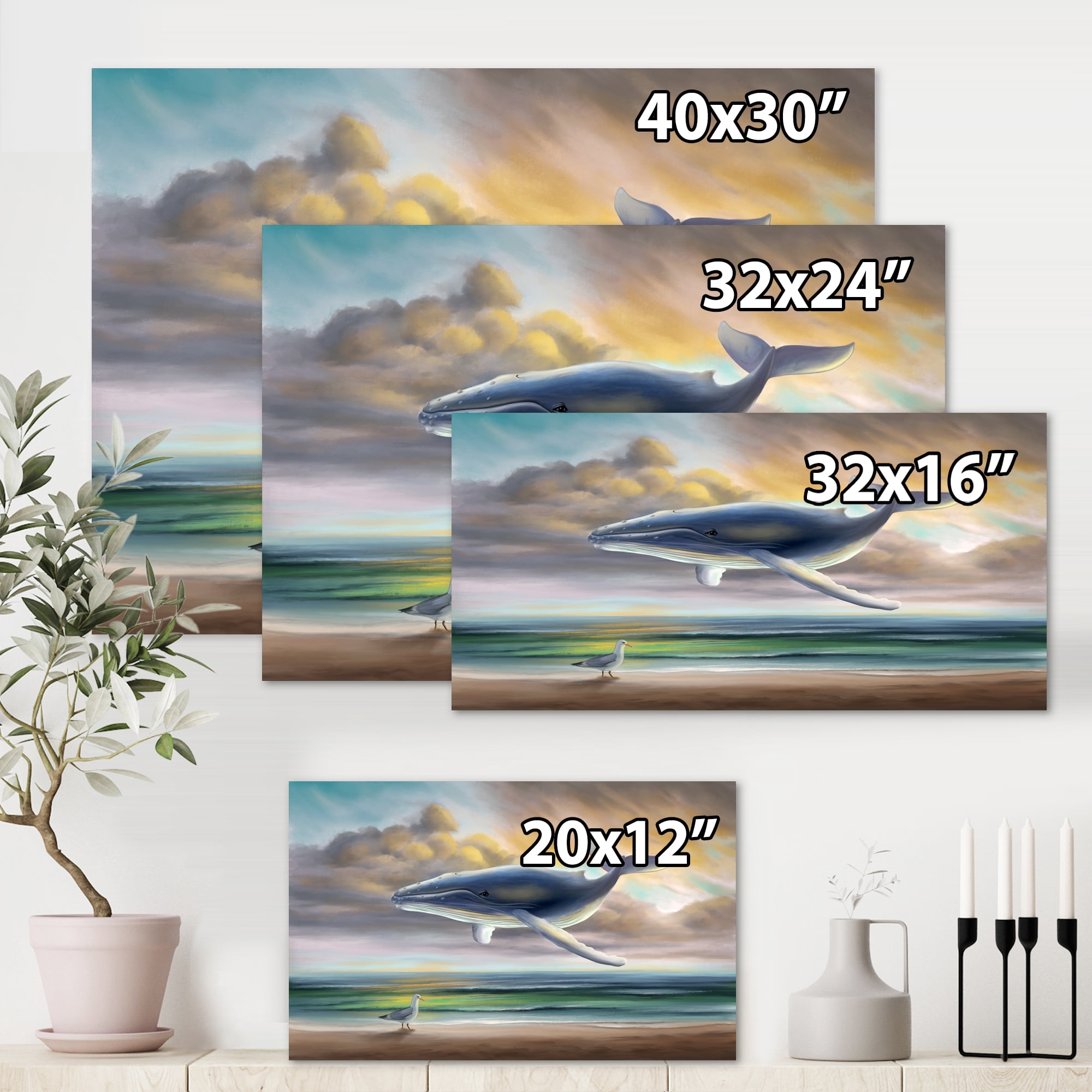 Designart ' Whale Floating In The Sky Over Beach ' Children's Art Canvas Wall Art Print