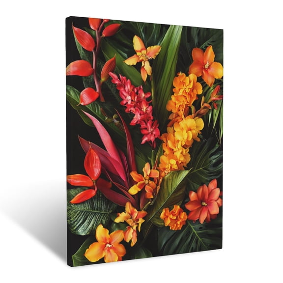 CozyNet Close Up Botanical Composition Of Heliconias, Orchids & Vibrant Tropical Leaves Wall Art Prints With Frame Canvas Perfect for Living Room & Bedroom, Ready to Hang, Wall Decor 12"x16"in