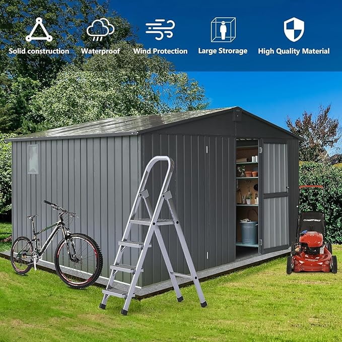 TOTAL Outdoor Storage Shed 11' x 9',Metal Steel Utility Tool Shed Storage House with Double Lockable Doors & Air Vents for Garden,Backyard,Lawn(Gray)