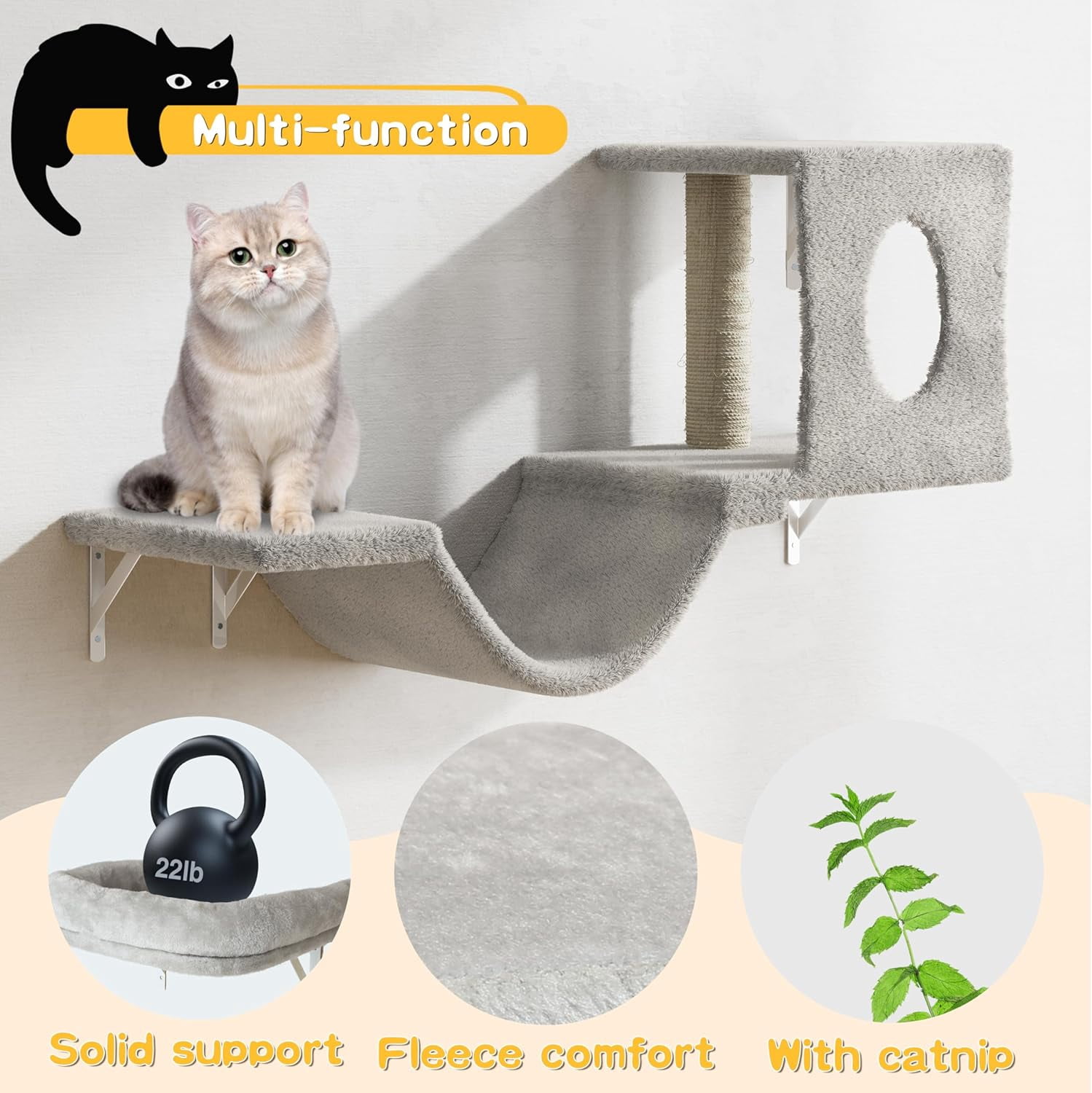 SONGMY Cat Wall Furniture, 6Pc Wall Mounted Cat Furniture Set with House, Bridge, Tree, Steps, Scratcher, DIY Walls Playground, Shelves for Indoor Wall Furniture Set - Gray