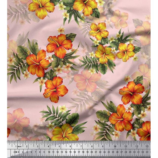 Soimoi Polyester Crepe Fabric Floral & Leaves Tropical Print Sewing Fabric Yard 42 Inch Wide