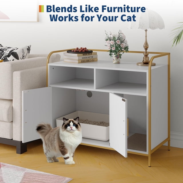 Kojooin Cat Litter Box Enclosure with Storage and Scratching Mat, Double Door Cat Washroom Cabinet with Metal Frame