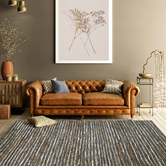 Ansley Hand-Woven Leather and Cotton Indoor Area Rug by Blue Nile Nills - 5' x 8', Steel Blue