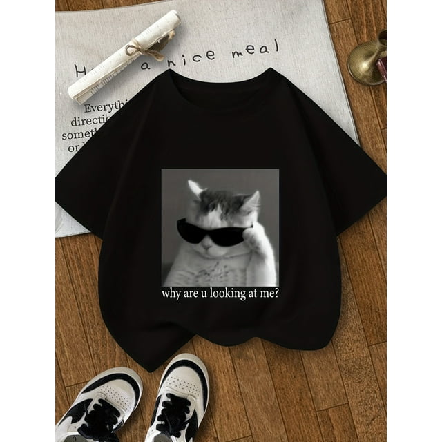 Camiseta elegante con estampado de gato y gafas para niñas. Cómoda mezcla de poliéster, cuello redondo, manga corta, ideal para jugar al aire libre y para uso informal. Edades: 8-14 años.