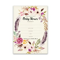 BOHEMIAN Baby Shower INVITATIONS — Pack of 25 — BOHO BABY GIRL Blank Fill-in Baby Shower INVITES, Rustic Boho Pink Floral Feather Wreath Couples Shower Co-ed Shower Invitation Coed I400-INV1