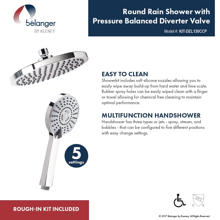 Belanger KIT-DEL130CCP Rain Pressure Balanced Round Shower System, Polished Chrome