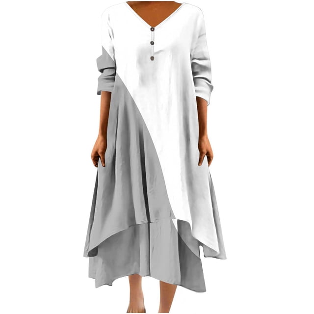 Pisexur Robes pour Femmes Mode Couleur Patchwork Imprimé Col en V Robe Maxi Été Décontractée Manches 3/4 Robe Soleil Élégante Ample Fluide Ourlet Irrégulier Bouton Robe de Plage Grande Taille Longue Robe P-5TG