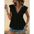 thumbnail image 2 of Women'S Lace Trimmed V Neck Ruffled Sleeve Flared Eyelet Tank Blouse Top Black L, 2 of 5