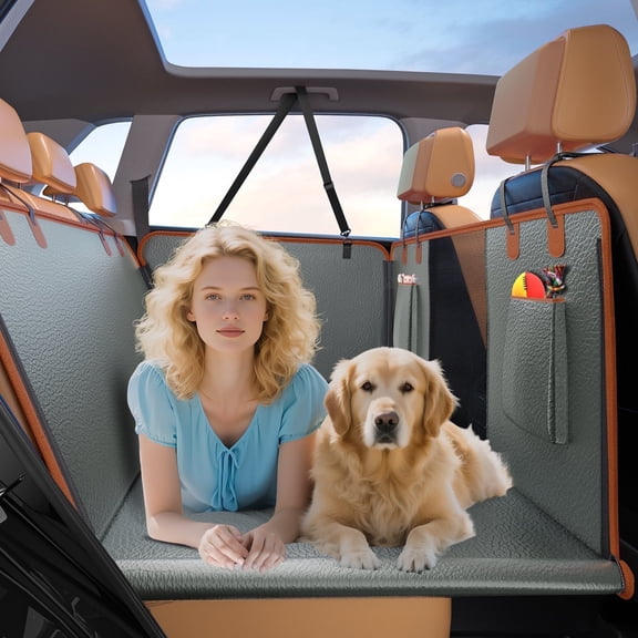 Back Seat Extender for Dogs, Heavy Duty 400LBS Capacity Dog Car Hammock with Waterproof PU Leather Cover, Anti-Scratch Hard Bottom and Seat Belt Opening for SUV and Sedan, 52in*24.8in*21.7in, Gray