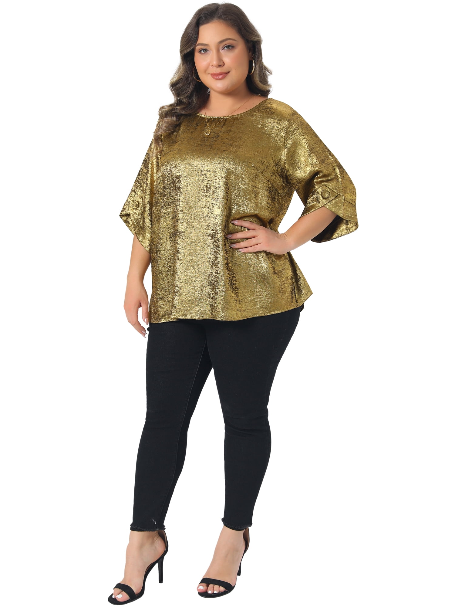 DARING DIVA Women's Plus Metallic Tops Sparkly Crew Neck Loose Shirts 1X Gold