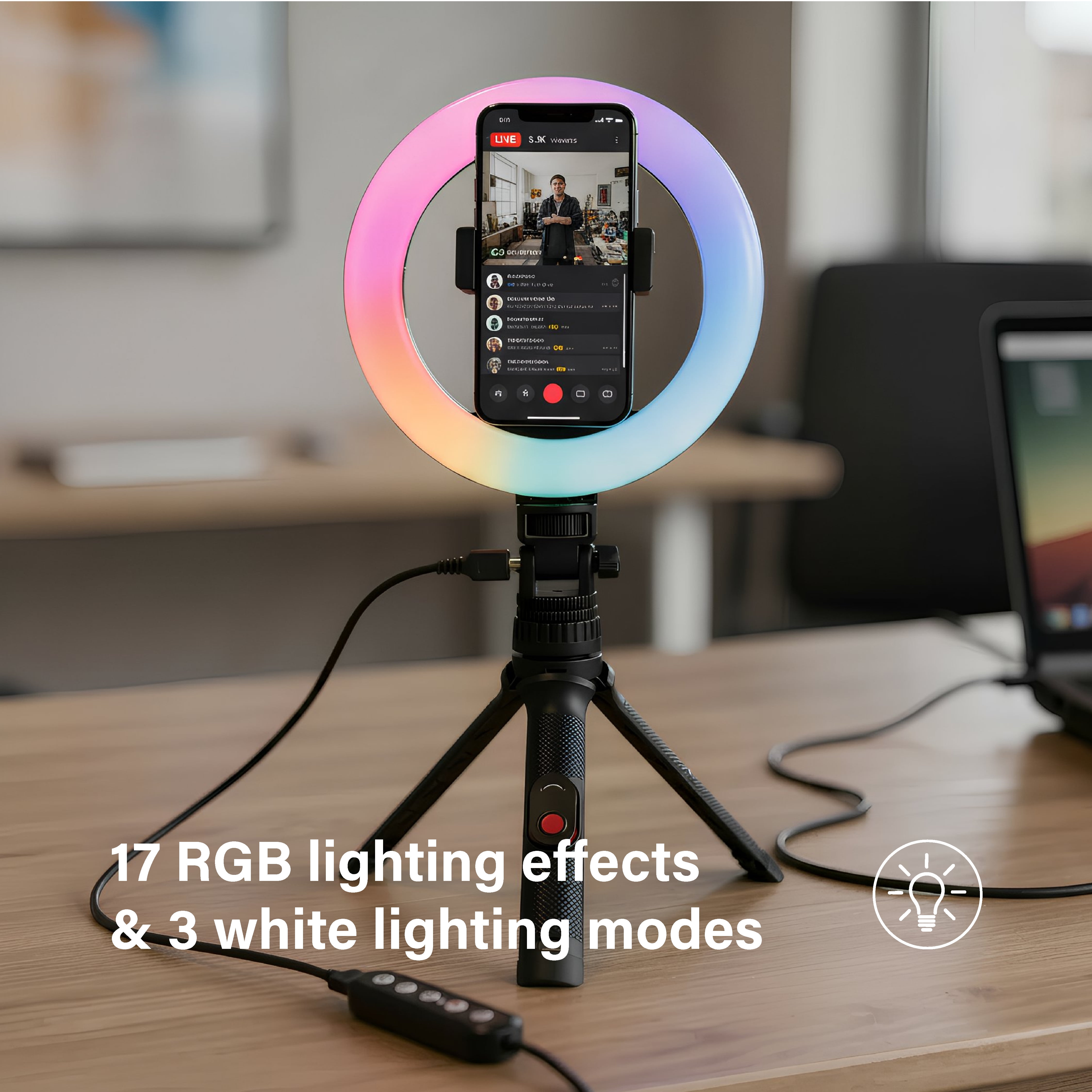 onn LED RGB Ring Light with Tripod Stand, Adjustable Height, Phone Holder & Bluetooth Remote for Selfies, TikTok, YouTube, Zoom, and Makeup