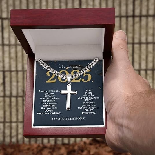 Cross Necklace with Cuban Chain for Son, Class of 2025 Graduation Necklace for Son from Mom and Dad with Message Card and LED Box, Graduation Gift Necklace for Son/Grandson, Religious Jewelry for Men