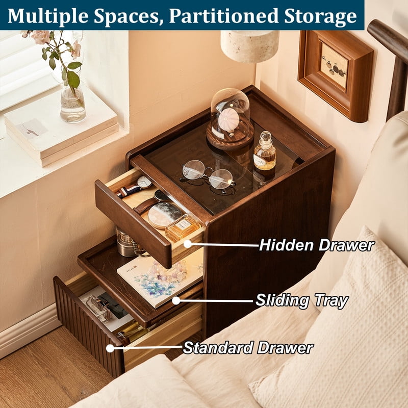1PCS Solid Wood Nightstand with Drawers and Pull-Out Panel, Bedside Storage Table with Glass Flip Top, Sofa Side Table