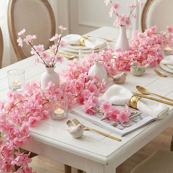 Simulated Cherry Blossom Vine Strip, Artificial Indoor Ceiling Flower Decoration for Weddings Parties Offices and Living Rooms, Low Maintenance Faux Floral Garland for Home and Event Decor