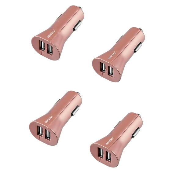4 Pack Verizon Car Charger 24W with Dual Ports 5 Volt 4.8 Amp Apple Android Devices Rose Gold Fast Charge