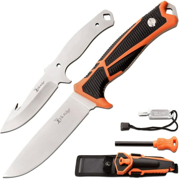 Elk Ridge - Outdoors -Trek - Interchangeable Fixed Blade Knife, Drop Point and Gut Hook Blades, Orange and Black TPR Handle, Injection Molded Sheath with Ferro Rod and Sharpener