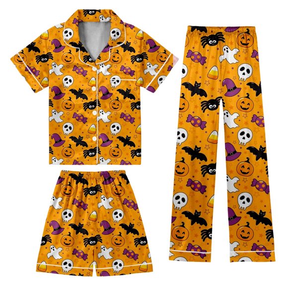 Baby Girl Outfits Halloween Stylish Print Short Sleeve Lapel Top Shorts And Trousers 3 Piece At Home Wear Girls' Clothing Sets 3 Years-4 Years