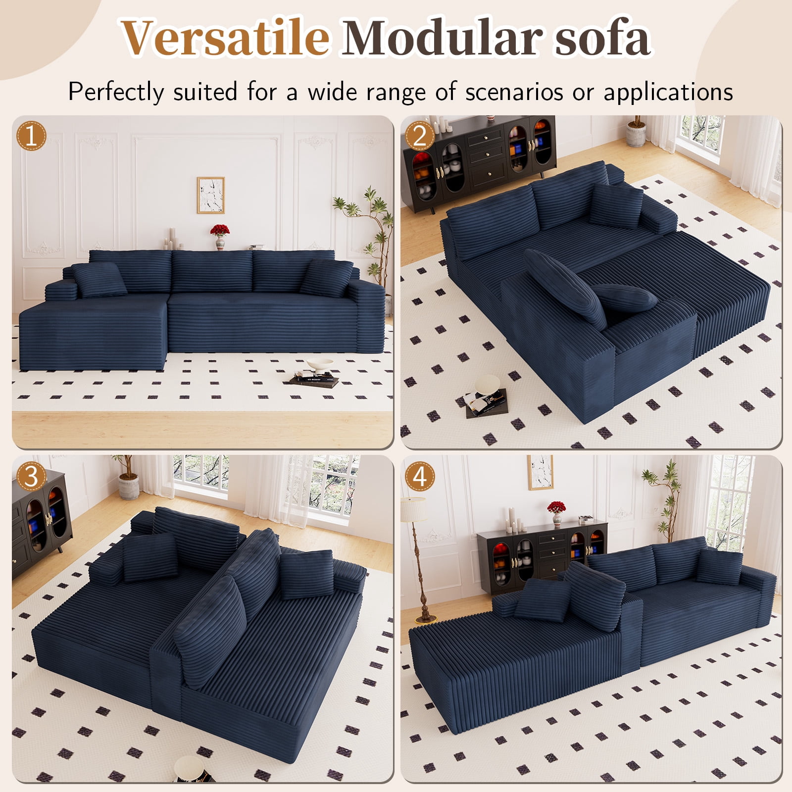 Lunale 105" Modular L-Shaped Sectional Sofa, Boneless Cloud Couch, No Assembly Required, Modern Deep Seat Corduroy Sofa for Living Room, Blue (Left Facing Chaise)