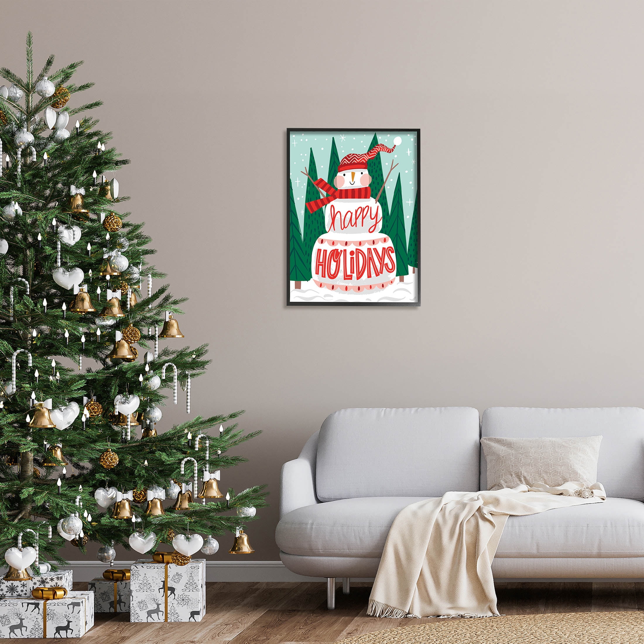 Happy Holidays Happy Snowman Holiday Graphic Art Black Framed Art Print Wall Art