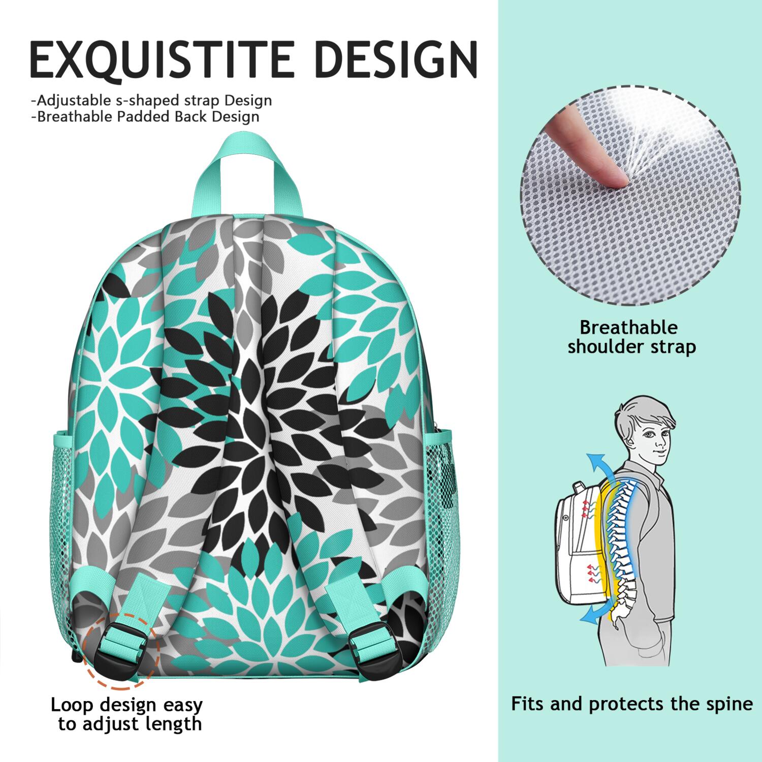 Backpack with Side Pockets & Rooster Sunflowers Print - Ergonomic for Students
