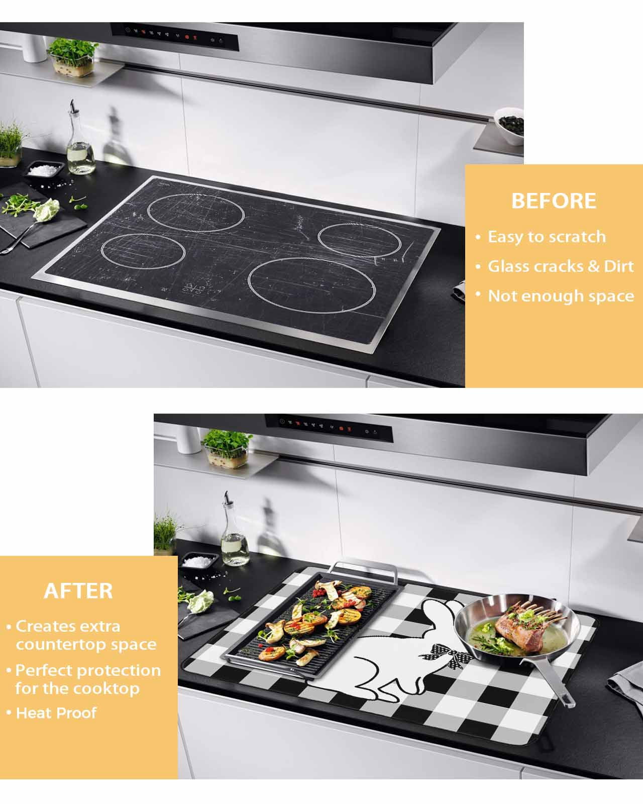 Large Induction Cooktop Protector Mat Easter Stove Top Covers for Electric Stove, Farmhouse Bow Bunny Black White Buffalo Plaid Decorative Stove Burner Cover Mats, Glass Top Stove Cover