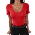 thumbnail image 2 of Women Short Sleeve V Neck Ribbed Knit Fitted Shirts, Basic Tees Tops 2026 Summer Casual T-Shirts Going Out Outfits, Summer Casual T-Shirts Going Out Outfits Red S, 2 of 7