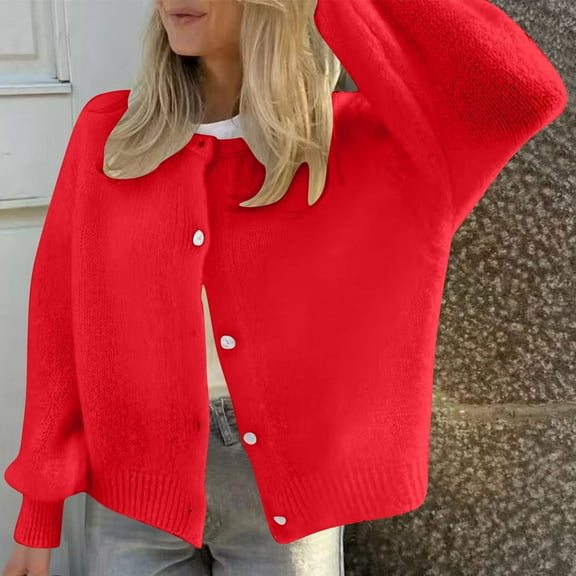 Zedker Women's and Women's Plus Cardigan Knit Sweater Cozy Yarn Welt Pocket Tops, Plus Size Red M