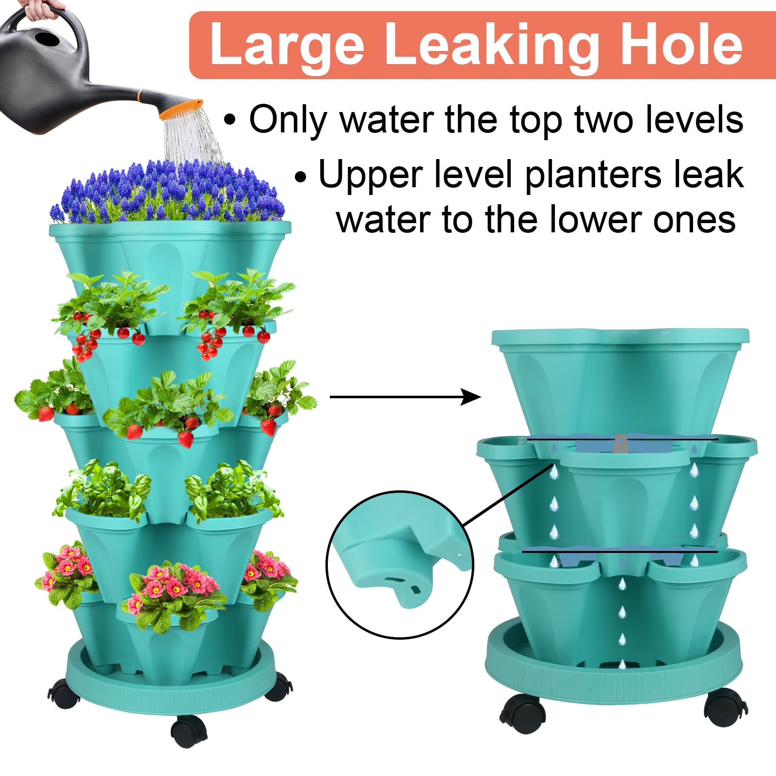 Stackable Planters 5 Tier Vertical Garden Planters Strawberry, Herb, Flower, Vegetable Indoor Outdoor Pots with Wheels,Teal