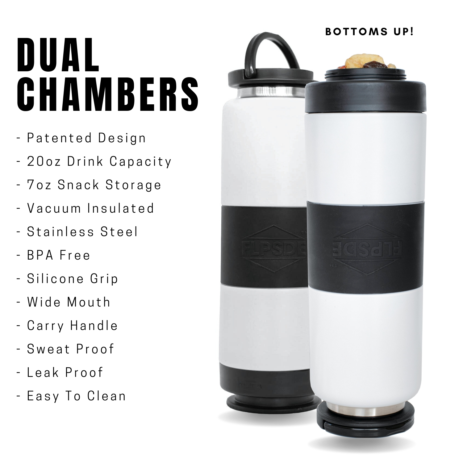 FLPSDE Wasserflasche Mit Snack-Fach – 20 Oz Edelstahl, Doppelwandig Isoliert | 7 Oz Snack-Behälter, BPA-frei, Für Sport & Reisen