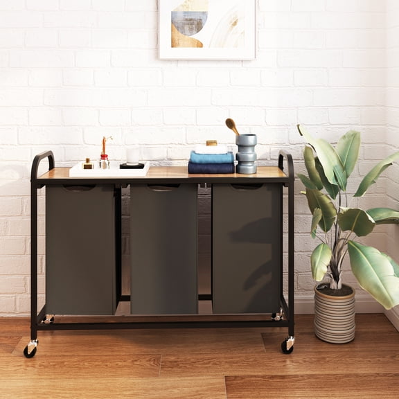 LENLN Rolling Laundry Hamper 3 Section, Laundry Sorter with Shelf & 3 Pull-Out Removable Bags, Laundry Room Storage with Large Top Shelves