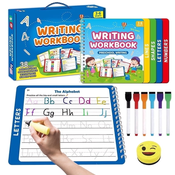 Preschool Reusable Letter Tracing Workbook, Dry‑Erase Handwriting Practice Activity Book with Markers & Eraser, Screen‑Free Educational Learning Toy for Toddler Kids Ages 3‑6, Easter Gift for Childre
