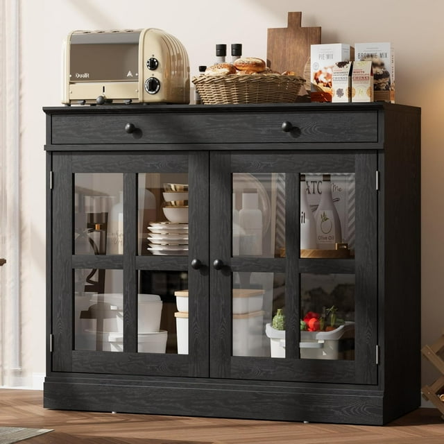 Ourlova 35.4" Oak Sideboard Buffet Cabinet with Glass Door, Modern Storage with Drawer & Adjustable Shelves, Freestanding for Dining Room, Living Room, Kitchen