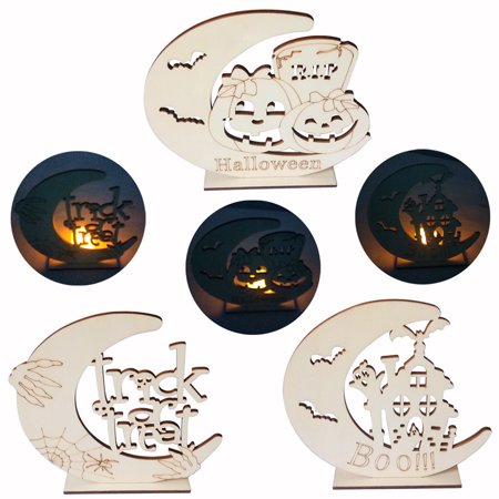 

Farfi Wooden Pumpkin Moon LED Candle Light Desktop Craft Halloween Party Supplies