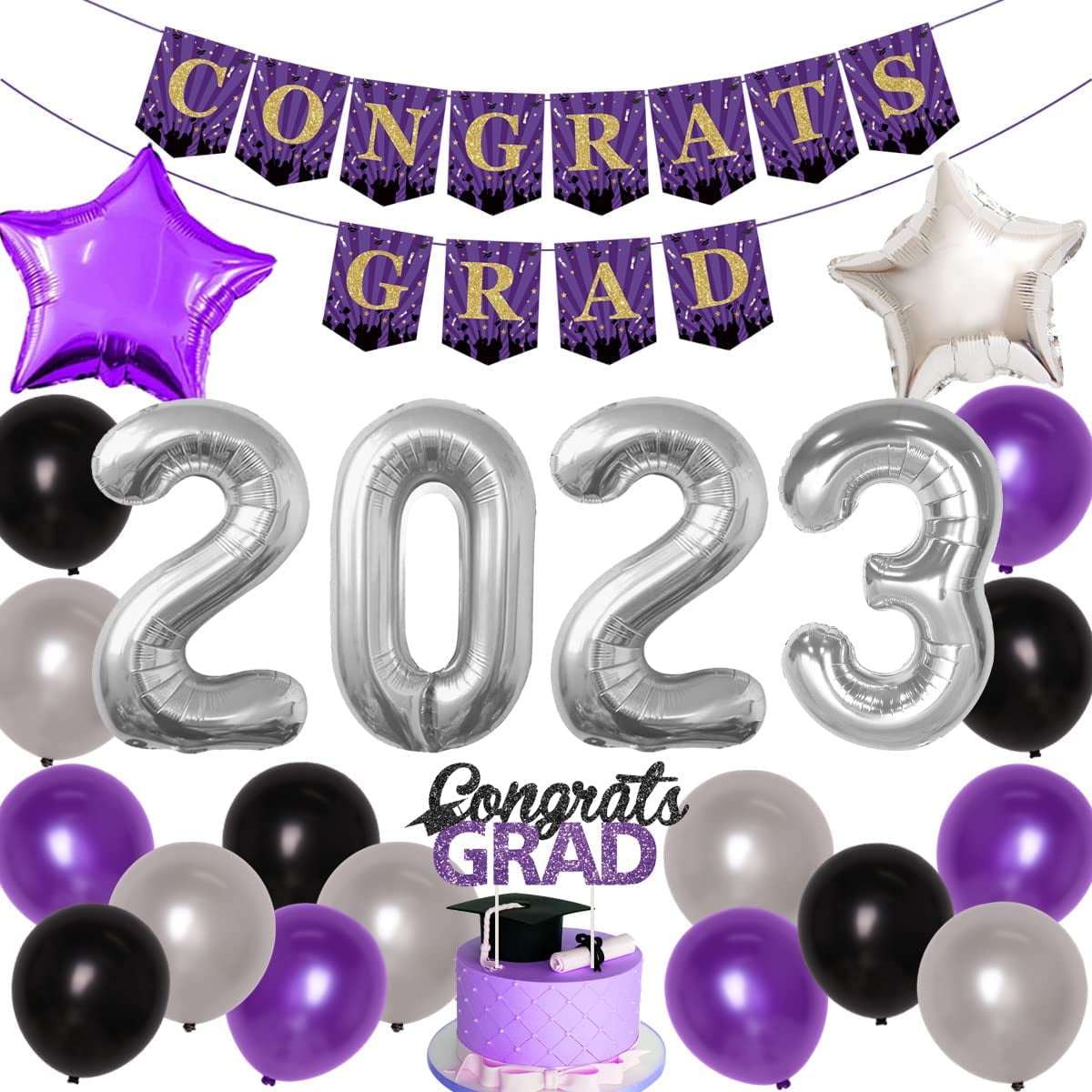 Graduation Decorations 2023 Purple Silver with Congrats Grad Banner