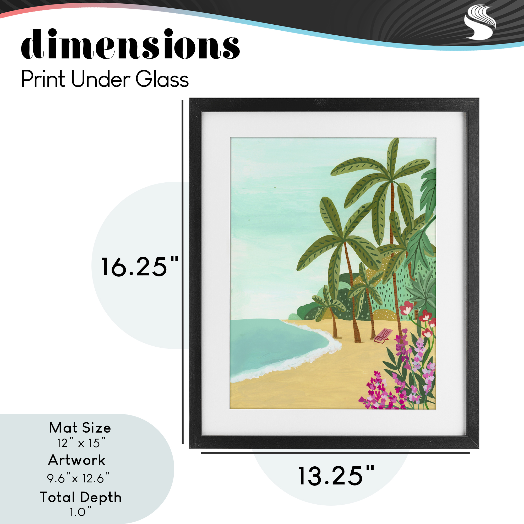 Palm Filled Shoreline Black Framed Print Under Glass, design by Nabeela Rumi