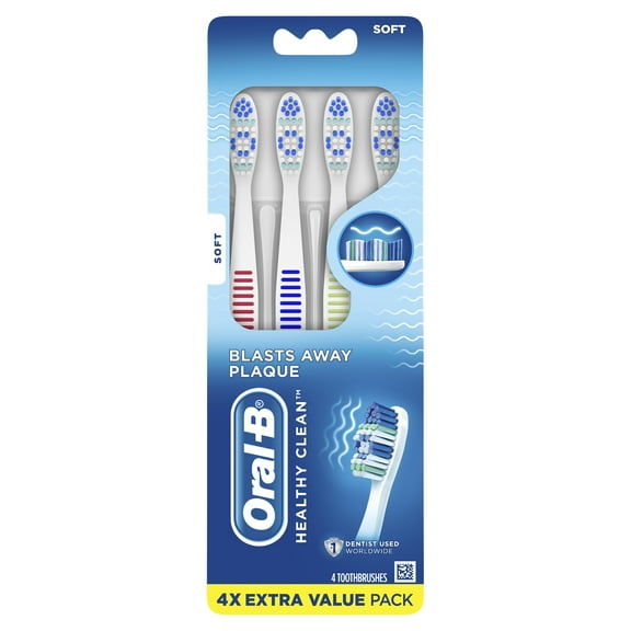 Oral-B Healthy Clean Toothbrushes, Blasts Away Plaque, Soft, 4 Count, for Adults and Children 3 