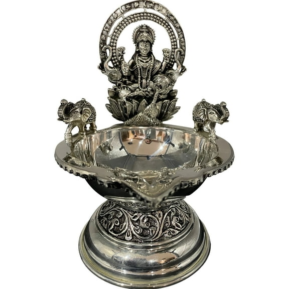 925 Sterling Silver Hallmarked Antique Style Lakshmi / Kamakshi Solid BIG Deepak (Diya) -#03 Diya Height & Weight: Kamakshi 4.0" (Ht =4.0 inch Wt =150 Grams)