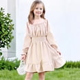 thumbnail image 2 of vigerkar Girls Dresses Kids Fall Long Sleeve Smocked Ruffle Tiered Off Shoulder Dress (Khaki, 9-10 Years), 2 of 9