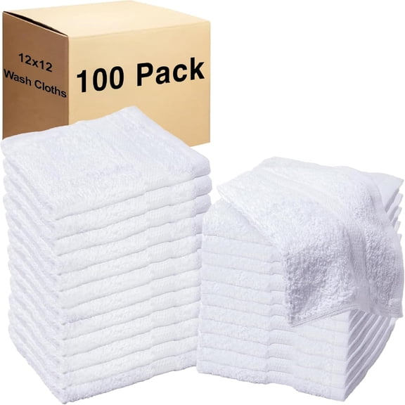 100 Pack of Bulk Wholesale 12”L x 12”W Quick Dry Machine Washable Washcloths for Home, Bathroom, Kitchen, Shower, Hotel, Gym, Pool, Spa, Pets, and Charity Donation in White
