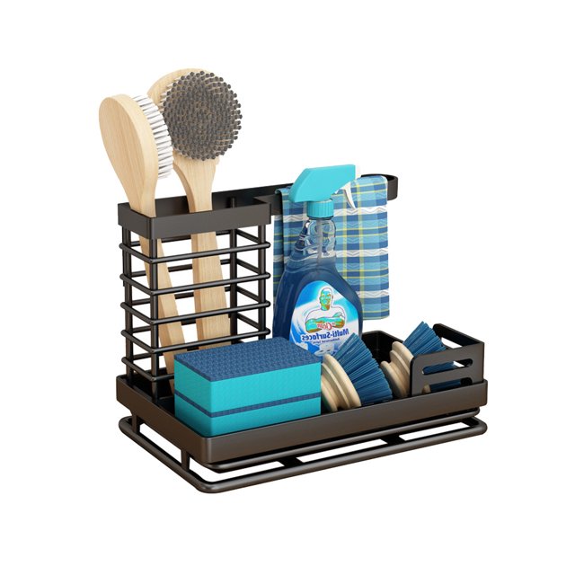 Organizador de fregadero de cocina, soporte para esponja, organizador de fregadero de cocina con bandeja de drenaje extraíble, negro