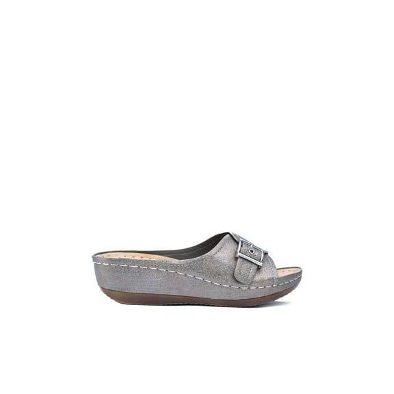 GOOD CHOICE Womens Silver Adjustable Comfort Padded Buckle Accent Cushioned Justina Round Toe Wedge Slip On Slide Sandals 8.5